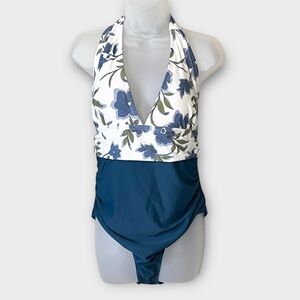 NWT CUPSHE blue & white floral halter tie neck one piece swimsuit size XL/DD